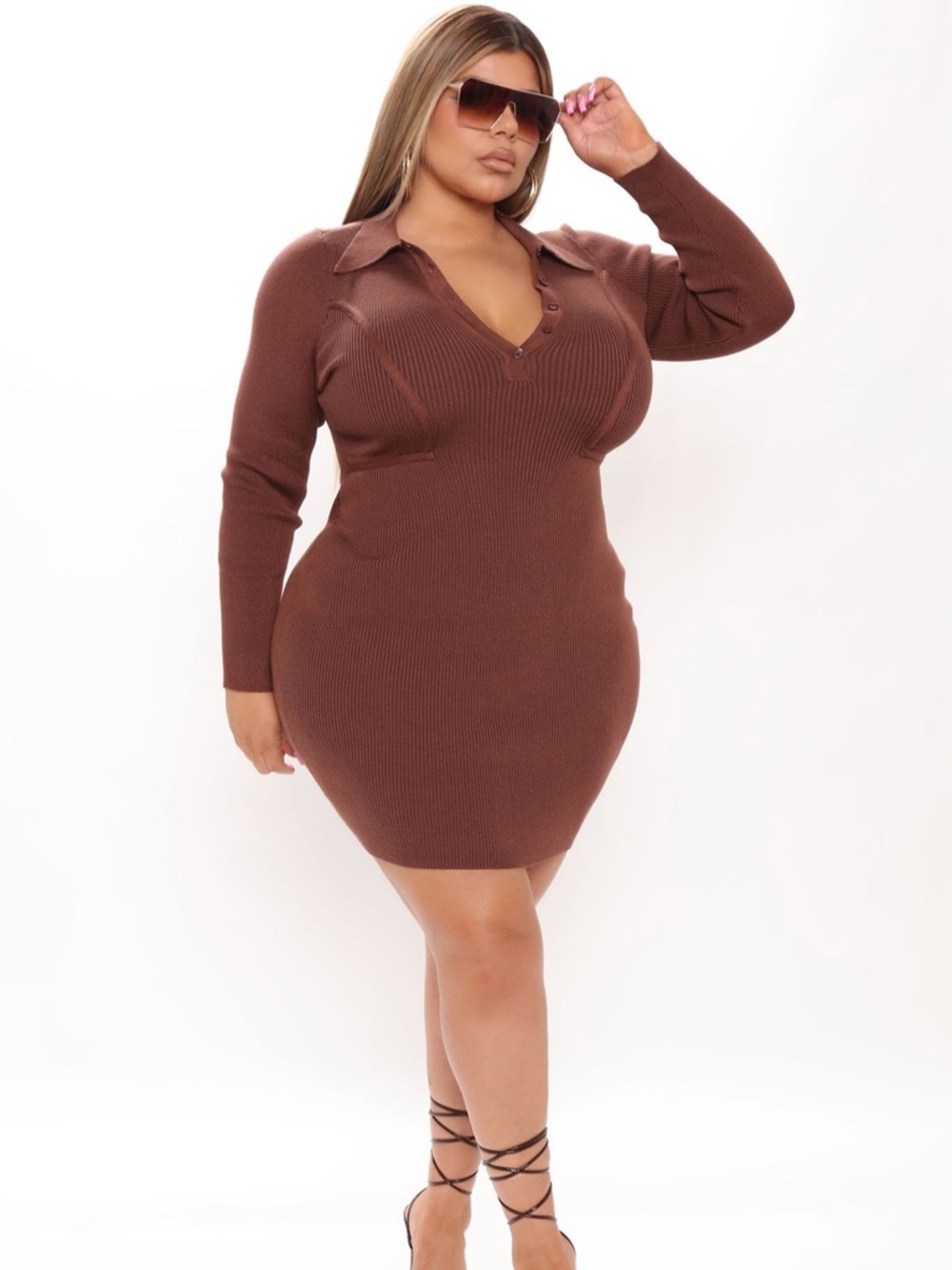 Ribbed Knit Collared Bodycon Dress in Brown